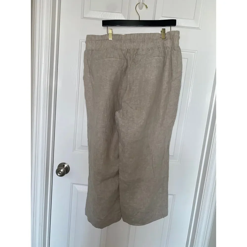 Quince Linen Wide Leg Crop Pants Pull On Elastic Drawstring Waist Oatmeal XL